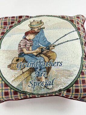 Fishing Throw Tapestry Pillow Grandfathers Are Special Plaid Solid Back 14x14
